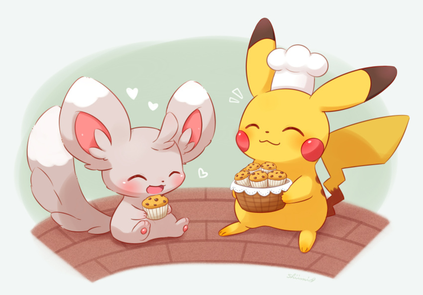 absurdres basket brick_floor chef_hat closed_eyes closed_mouth commentary_request food green_background hat heart highres holding holding_basket holding_food minccino muffin notice_lines open_mouth pikachu pokemon shii_(no-va_could) sitting smile standing