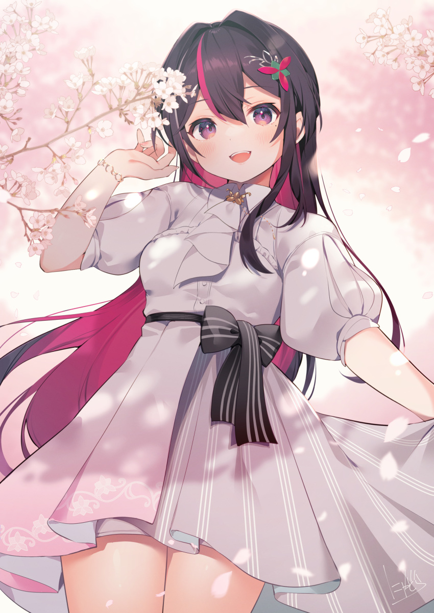 1girl absurdres azki_(hololive) black_hair blush bracelet cherry_blossoms colored_inner_hair dress hair_ornament highres hololive jewelry long_hair looking_at_viewer mole mole_under_eye multicolored_hair nyasunyadoora open_mouth pink_eyes puffy_short_sleeves puffy_sleeves redhead short_sleeves solo virtual_youtuber white_dress