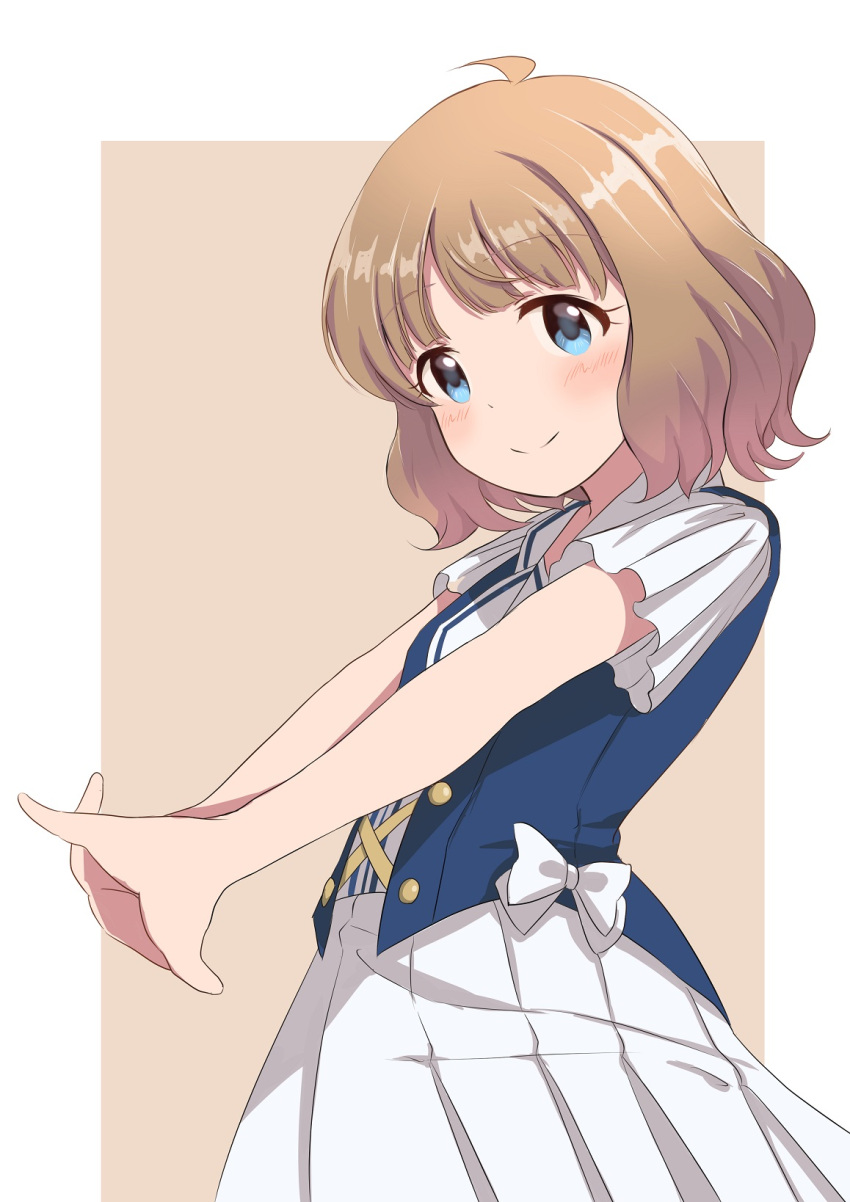 1girl ahoge blue_eyes blush brown_background brown_hair closed_mouth dot_nose dress grid_background highres idolmaster idolmaster_million_live! idolmaster_million_live!_theater_days looking_at_viewer ribbon short_hair short_sleeves simple_background smile solo standing stretching suou_momoko two-tone_background white_background white_ribbon yukiho_kotori