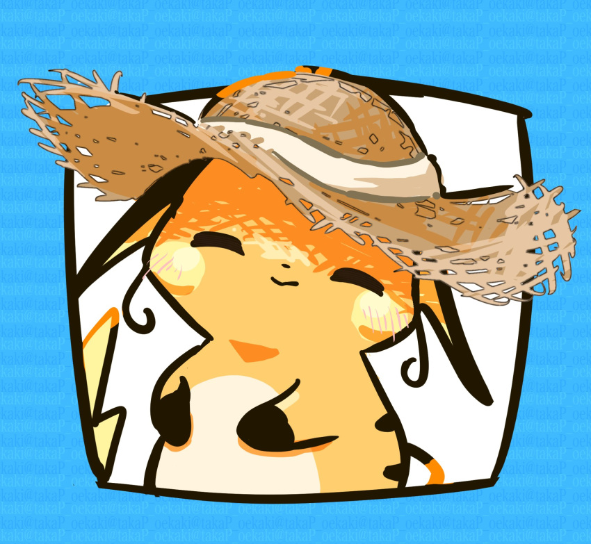 closed_eyes closed_mouth facing_viewer hat highres no_humans orange_fur pokemon pokemon_(creature) pokemon_focus raichu simple_background smile straw_hat sun_hat tail takap_oekaki