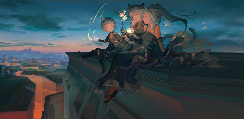 1girl 2boys absurdres animal_ears arm_support avatar_(ff14) bare_shoulders black_dress black_footwear black_gloves black_jacket black_shorts boots braid building cat_boy cat_ears cat_girl cat_tail city cityscape clouds commentary crossed_legs dangling detached_sleeves dress elbow_gloves english_commentary evening final_fantasy final_fantasy_xiv fireworks floating_hair from_side fur_trim gloves gradient_sky grey_eyes grey_hair hair_intakes heterochromia highres holding_fireworks jacket knee_boots lalafell layered_dress long_hair looking_at_another luckyia miqo'te multiple_boys on_roof open_mouth orange_eyes outdoors ponytail sandals scenery see-through short_hair shorts side_braid single_strap sitting sitting_on_roof sky smile sparkler sparks star_(symbol) star_print sunset tail twin_braids wide_shot wind yellow_eyes
