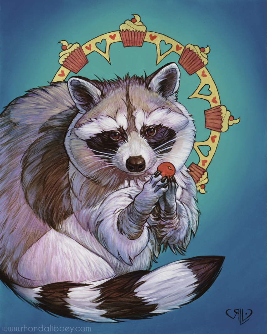 animal artist_name blue_background cherry cupcake food fruit highres holding holding_food looking_at_viewer no_humans original raccoon rhondalibbey simple_background watermark web_address