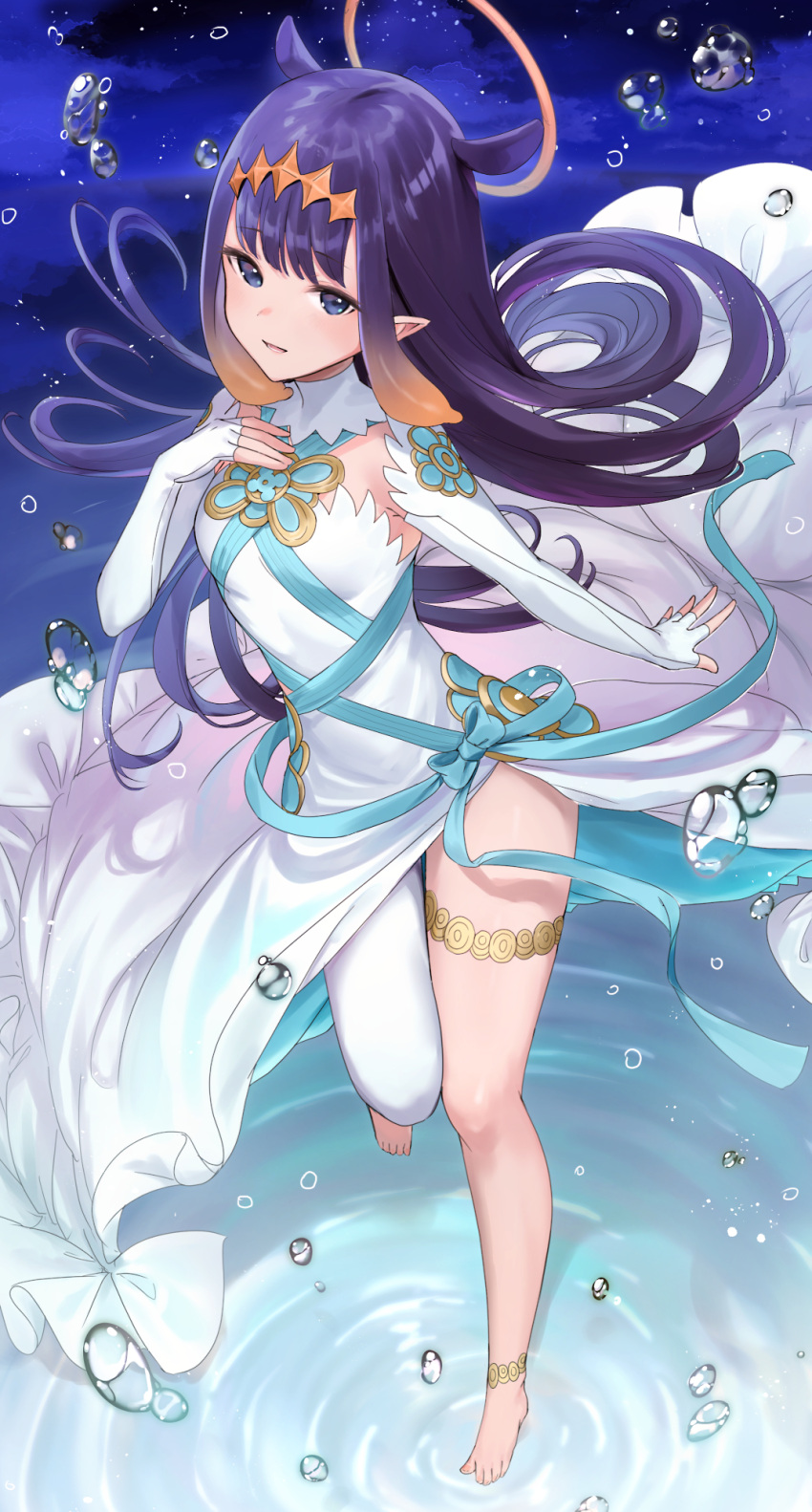 1girl alternate_costume azura_(fire_emblem) azura_(fire_emblem)_(cosplay) barefoot blue_ribbon commission cosplay detached_sleeves dress fingerless_gloves fire_emblem fire_emblem_fates foreshortening gloves hand_on_own_chest haru_(nakajou-28) highres hololive hololive_english night ninomae_ina'nis pointy_ears purple_hair ribbon single_thighhigh skeb_commission solo standing standing_on_liquid tentacle_hair thigh-highs thigh_strap water_drop white_dress white_gloves white_thighhighs
