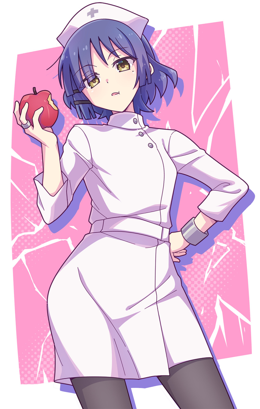 1girl apple black_pantyhose blue_hair bocchi_the_rock! brown_eyes dress e20 eating food fruit hair_ornament hair_over_one_eye hairclip hand_on_hip hand_up hat highres holding holding_food holding_fruit jewelry long_sleeves mole mole_under_eye nurse nurse_cap pantyhose parted_lips pink_background red_apple ring solo two-tone_background white_background white_dress yamada_ryou