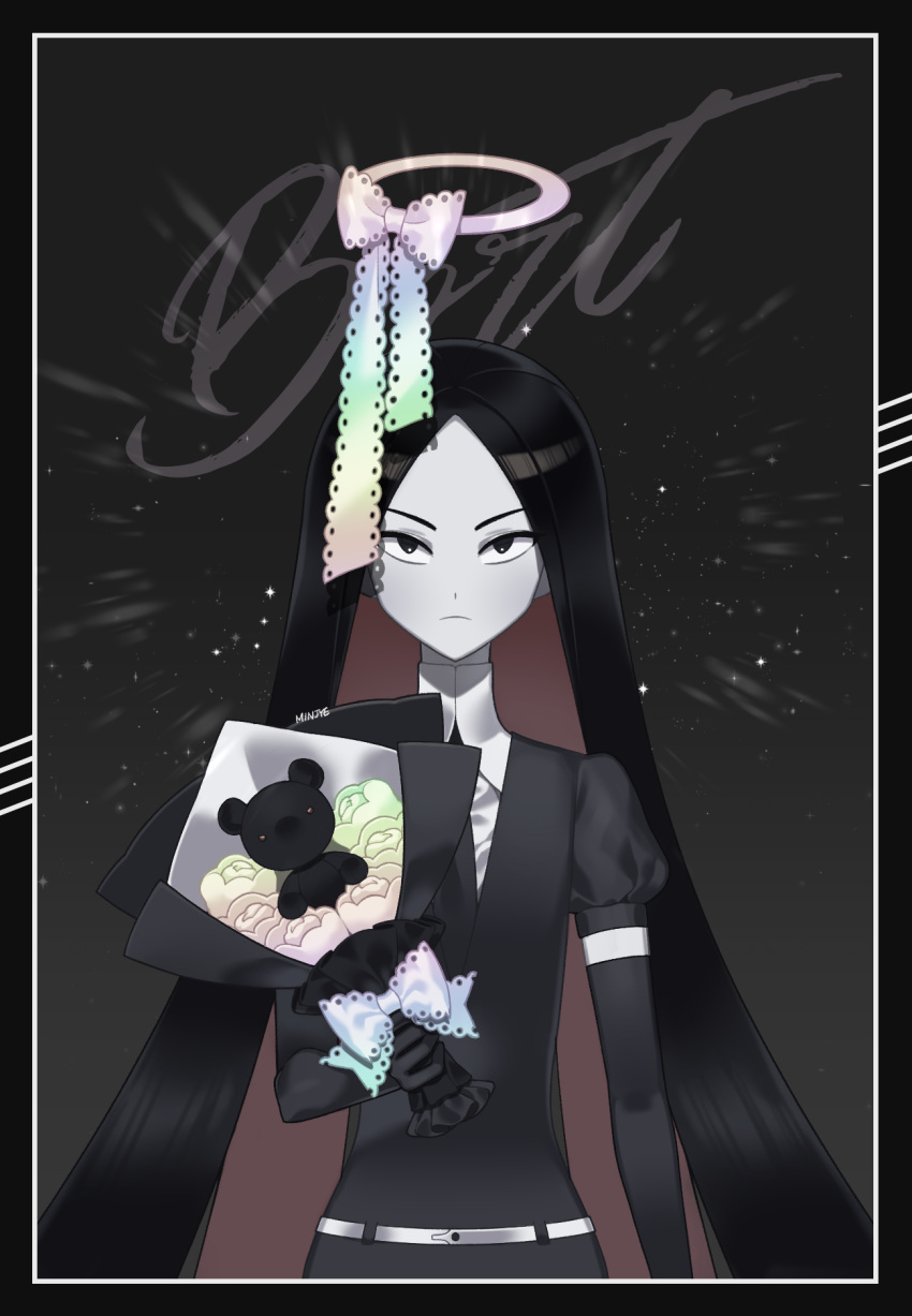 1other androgynous belt black_eyes black_gloves black_hair bort bouquet character_name closed_mouth collared_shirt colored_inner_hair colored_skin elbow_gloves flower framed gem_uniform_(houseki_no_kuni) gloves halo highres holding holding_bouquet houseki_no_kuni lace lace_ribbon long_hair looking_at_viewer minjye multicolored_hair necktie other_focus puffy_short_sleeves puffy_sleeves redhead ribbon serious shirt short_sleeves solo straight-on straight_hair stuffed_animal stuffed_toy teddy_bear two-tone_hair v-shaped_eyebrows very_long_hair white_belt white_shirt white_skin