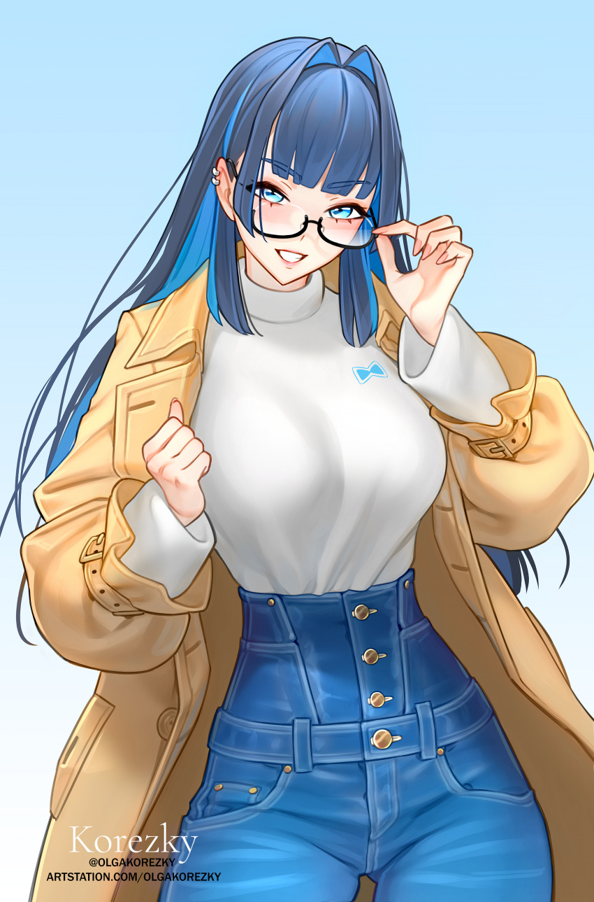 1girl absurdres blue_eyes blue_hair breasts coat denim earrings glasses highres hololive hololive_english jeans jewelry large_breasts multicolored_hair olga_korezky open_clothes open_coat ouro_kronii pants solo two-tone_hair virtual_youtuber