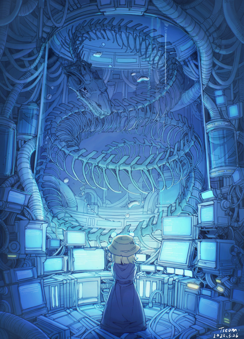1girl absurdres air_bubble animal_skeleton artist_name blonde_hair brown_headwear bubble chinese_commentary dated dress from_behind glass glowing hat highres monitor moriya_suwako purple_dress short_hair signature skeleton solo standing touhou tseum