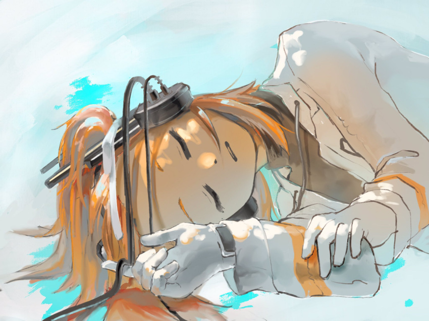1girl a.i._voice adachi_rei black_shirt cable closed_eyes dot_nose facing_viewer forehead gloves hair_spread_out headlamp headset highres jacket long_sleeves lying medium_hair on_side one_side_up open_clothes open_jacket orange_hair parted_lips radio_antenna shirt sleeping solo turtleneck upper_body utau white_gloves white_jacket yoek