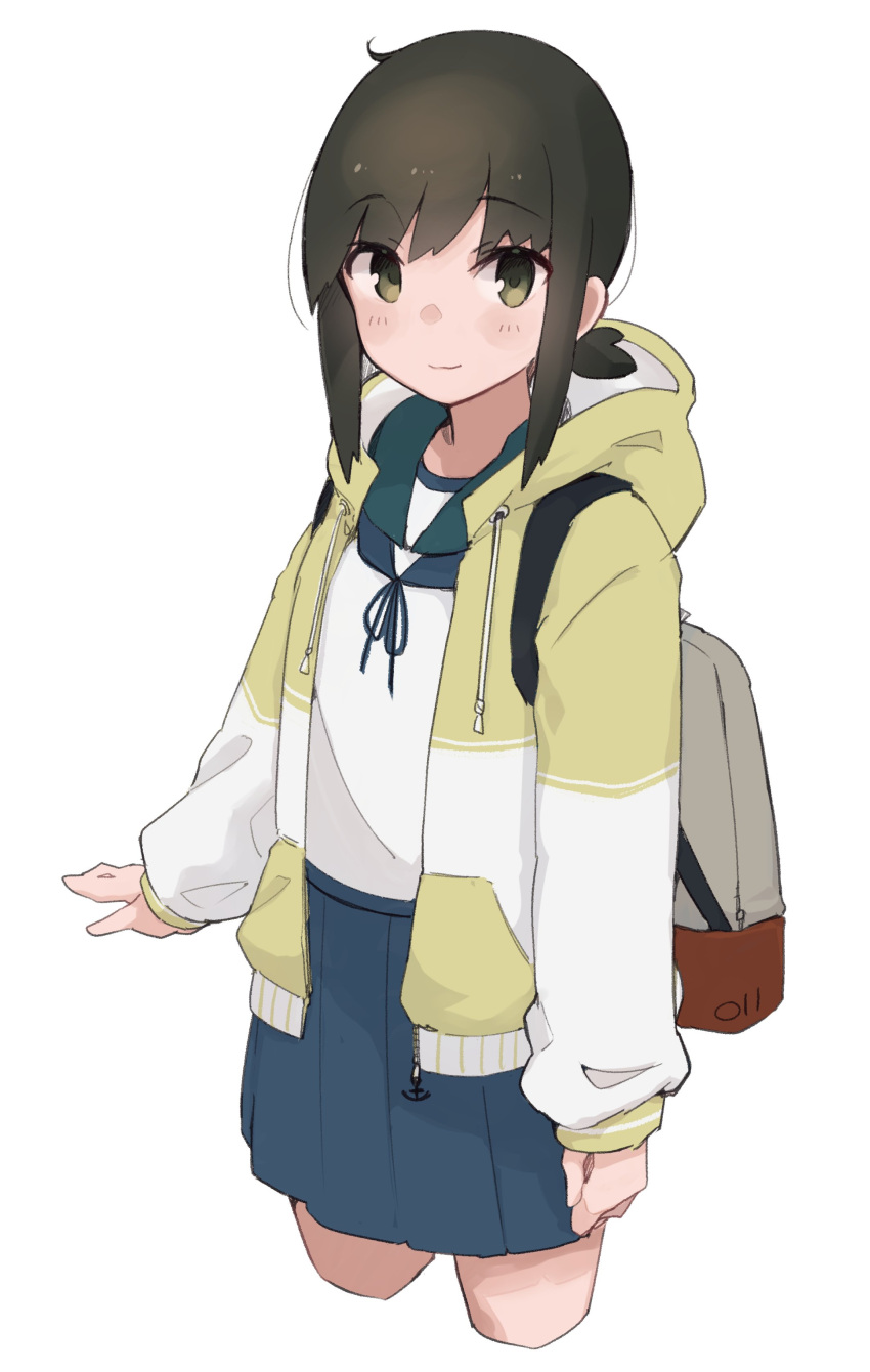 absurdres backpack bag black_eyes black_hair blue_sailor_collar blue_skirt commentary_request commission cropped_legs fubuki_(kancolle) highres hood hooded_jacket jacket kantai_collection looking_at_viewer low_ponytail ma_rukan medium_hair multicolored_clothes multicolored_jacket open_clothes open_jacket pleated_skirt sailor_collar short_ponytail sidelocks simple_background skirt two-tone_jacket white_background yellow_jacket