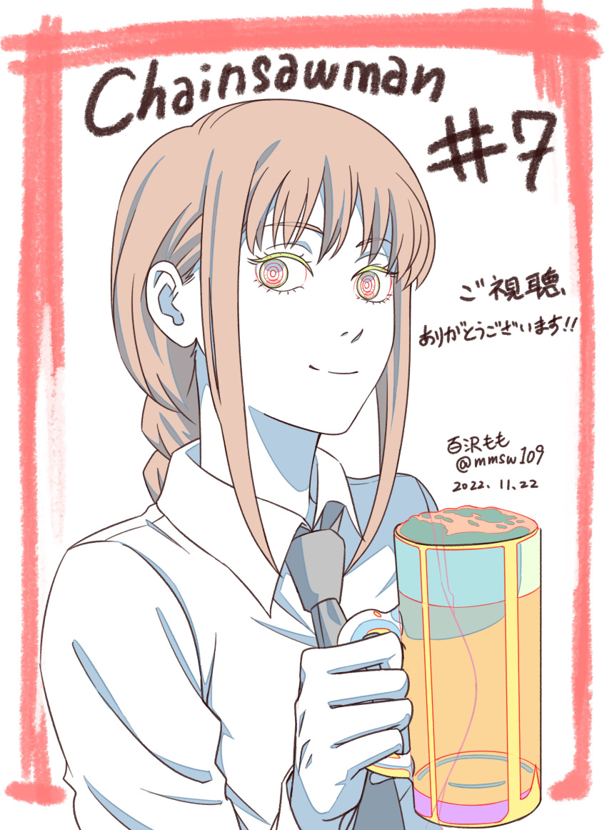 1girl absurdres artist_name beer_mug chainsaw_man closed_mouth collared_shirt copyright_name cup dated grey_necktie hand_up highres holding holding_cup limited_palette long_hair looking_at_viewer makima_(chainsaw_man) momosawa_momo mug necktie orange_hair partially_colored ringed_eyes shirt sidelocks solo split_mouth transparent twitter_username white_shirt