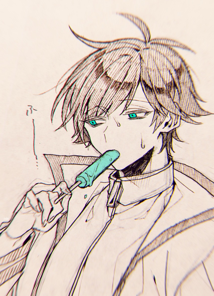 1boy absurdres antenna_hair aqua_eyes black_hair coat food_in_mouth gloves greyscale highres jacket long_sleeves male_focus monochrome nie3nie3 niimura_kou okami_game_(werewolf) popsicle_in_mouth solo sweat translation_request