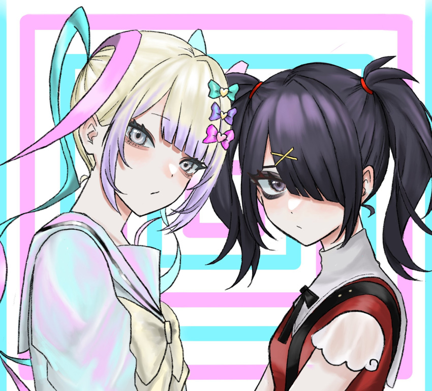 2girls ame-chan_(needy_girl_overdose) black_hair black_ribbon blonde_hair blue_bow blue_hair blue_shirt blush bow chouzetsusaikawa_tenshi-chan closed_mouth collar collared_shirt hair_bow hair_ornament hair_over_one_eye hair_tie hairclip highres holographic_clothing long_hair long_sleeves looking_at_viewer multicolored_hair multiple_girls neck_ribbon needy_girl_overdose pink_bow pink_hair purple_bow quad_tails red_shirt ribbon sailor_collar school_uniform serafuku shiro2_2 shirt twintails upper_body white_collar x_hair_ornament yellow_bow