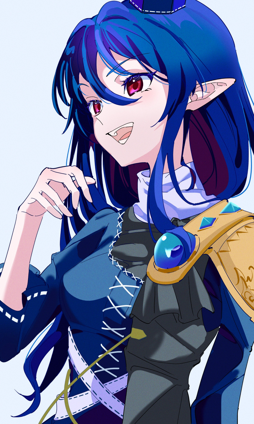 1girl :d absurdres armor bad_neck blue_dress blue_hair breasts dark_blue_hair dress grey_background hair_between_eyes hand_up happy hat highres iizunamaru_megumu light_blush long_hair looking_ahead medium_breasts mizoreshi open_mouth pauldrons pointy_ears shoulder_armor simple_background single_pauldron smile solo teeth tilted_headwear tokin_hat touhou upper_body very_long_hair