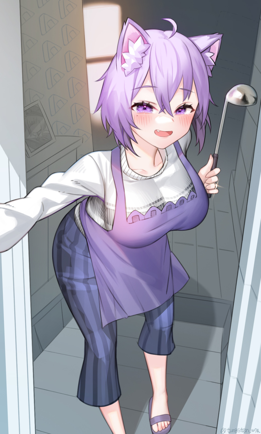 1girl ahoge animal_ear_fluff animal_ears apron blush breasts cat_ears cat_girl doorway hair_between_eyes highres holding holding_ladle hololive ladle large_breasts leaning_forward long_sleeves medium_hair nekomata_okayu open_mouth pants purple_hair sandals shirt standing tungsten_(kwfr4544) violet_eyes virtual_youtuber white_shirt