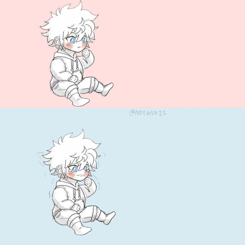 1boy 2boys blue_background blue_eyes crying crying_with_eyes_open highres hood hoodie hunter_x_hunter killua_zoldyck male_child male_focus multiple_boys noyaspjs pocket red_background short_hair simple_background sitting tears toddler white_hair