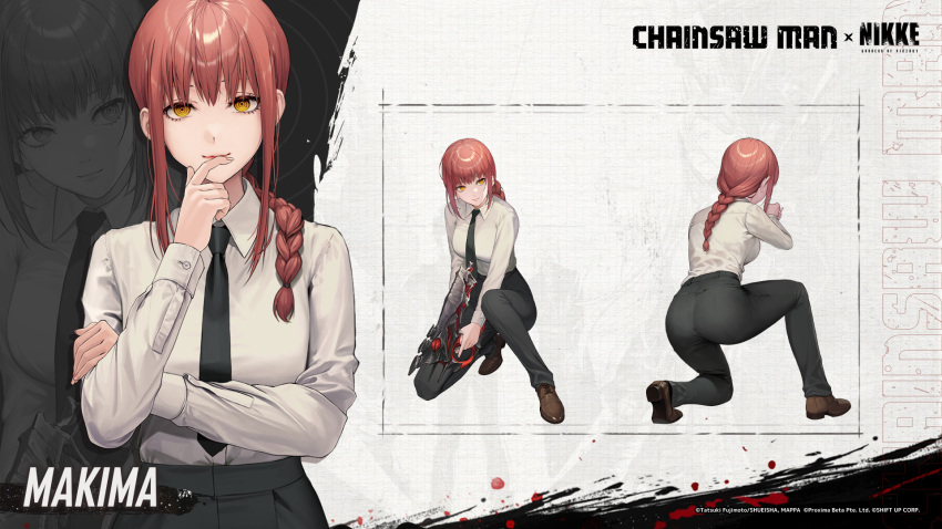1girl ass black_necktie black_pants braid braided_ponytail breasts business_suit chainsaw_man collared_shirt crossover formal goddess_of_victory:_nikke high-waist_pants highres long_hair long_sleeves looking_at_viewer makima_(chainsaw_man) medium_breasts multiple_views necktie office_lady official_art pants pink_hair ringed_eyes shirt shirt_tucked_in suit white_shirt yellow_eyes