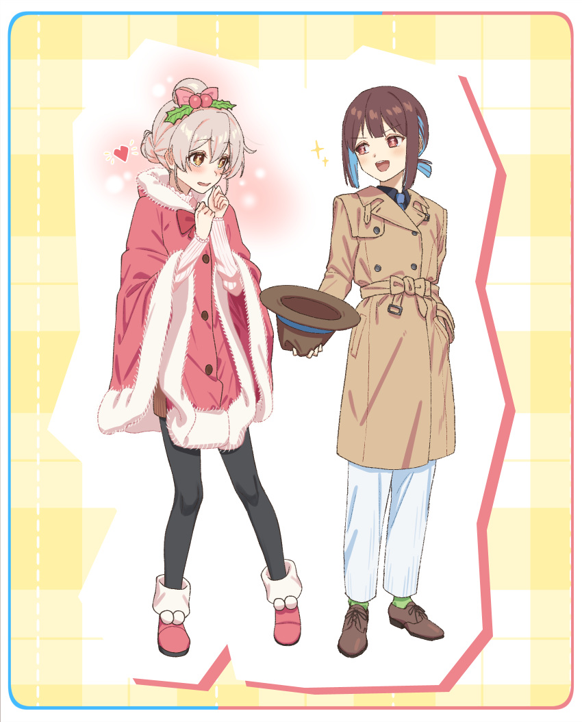 2girls :d black_pantyhose blue_hair blunt_bangs blush brown_coat brown_eyes brown_footwear coat commentary_request full_body fur-trimmed_coat fur_trim grey_hair hair_between_eyes hair_bun hair_ornament hair_up hand_in_pocket hat hat_removed headwear_removed heart highres holding holding_clothes holding_hat holly_hair_ornament hozuki_momiji long_sleeves looking_at_another matsuharu_(lip-mil) multicolored_hair multiple_girls onii-chan_wa_oshimai! open_mouth oyama_mahiro pants pantyhose red_coat red_footwear shoes short_hair short_ponytail simple_background smile sparkle two-tone_hair white_pants