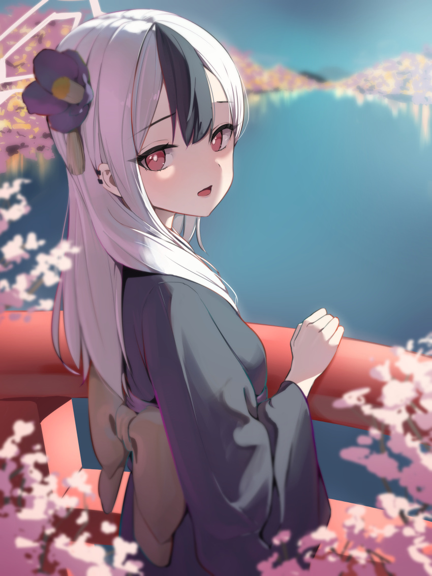 1girl :d absurdres bananafish1111 black_hair blue_archive cherry_blossoms ear_ornament flower hair_flower hair_ornament halo highres kayoko_(blue_archive) kayoko_(new_year)_(blue_archive) long_hair looking_at_viewer multicolored_hair open_mouth outdoors red_eyes river sash smile solo two-tone_hair white_hair