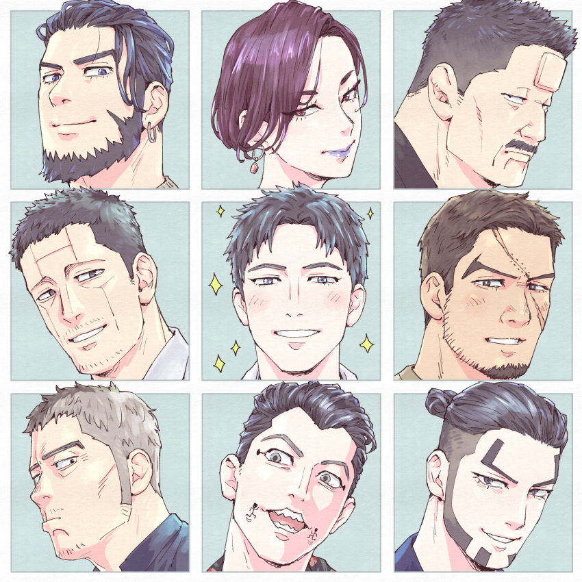 1girl 6+boys aged_down alternate_hairstyle beard black_eyes black_hair blue_eyes blue_lips blush brown_eyes c69 character_request earrings facial_hair goatee golden_kamuy grey_eyes highres hoop_earrings inkarmat jewelry kikuta_mokutaro kiroranke light_brown_hair long_sideburns mature_male multiple_boys mustache okuyama_kantaro oosawa_fusatarou puckered_lips rikimatsu_ariko scar scar_across_eye scar_on_cheek scar_on_face short_hair sideburns smile sparkle stubble thick_eyebrows usami_tokishige ushiyama_tatsuma