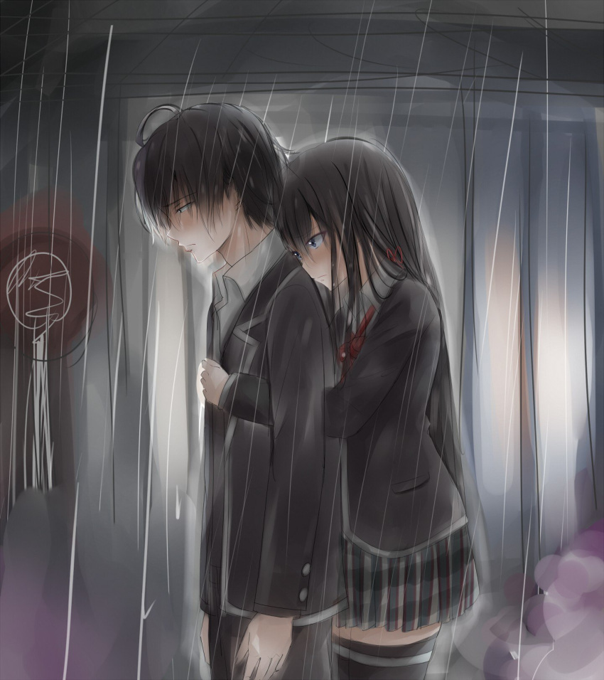 1boy 1girl ahoge black_hair black_jacket black_thighhighs blazer blue_eyes blurry blurry_background collared_shirt hair_ribbon highres hikigaya_hachiman hug hug_from_behind jacket neck_ribbon outdoors plaid plaid_skirt ponpon_(ponpon62126) rain ribbon sad school_uniform shirt short_hair skirt smoke sobu_high_school_uniform thigh-highs wet wet_hair yahari_ore_no_seishun_lovecome_wa_machigatteiru. yukinoshita_yukino