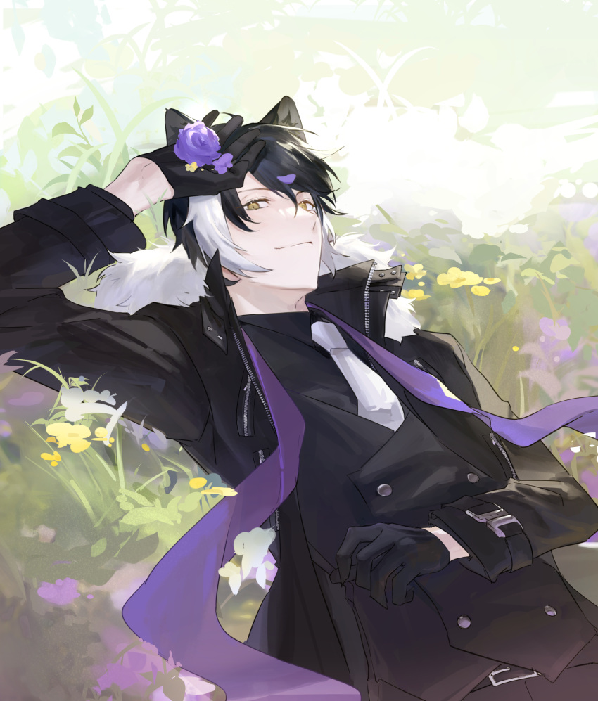 1boy absurdres animal_ears belt black_belt black_coat black_gloves black_hair black_shirt black_vest buttons coat collared_shirt double-breasted flower fur-trimmed_coat fur_trim gloves hair_between_eyes half_gloves hand_on_own_stomach hand_up highres holding holding_flower holostars jackal_boy jackal_ears kageyama_shien kurogareki looking_at_viewer lying male_focus multicolored_hair necktie on_back on_grass open_clothes open_coat petals purple_flower purple_rose rose shirt short_hair smile solo stole two-tone_hair upper_body vest virtual_youtuber white_flower white_hair white_necktie yellow_eyes yellow_flower zipper