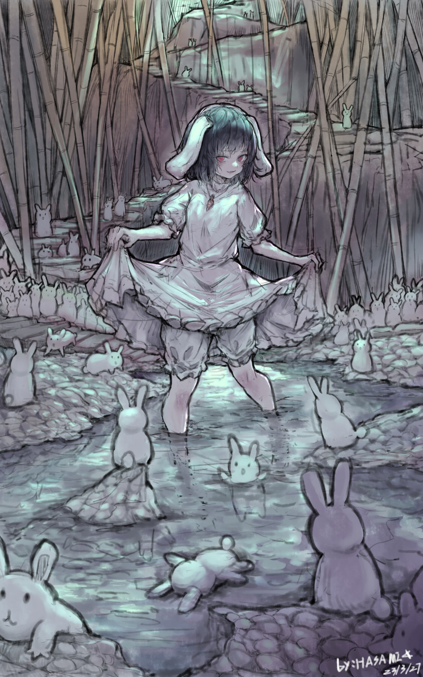 1girl absurdres artist_name bamboo bamboo_forest black_hair clothes_lift dress forest highres hua_ha_jiazi inaba_tewi lifted_by_self looking_at_viewer nature rabbit red_eyes short_hair skirt skirt_lift solo too_many too_many_rabbits touhou white_dress