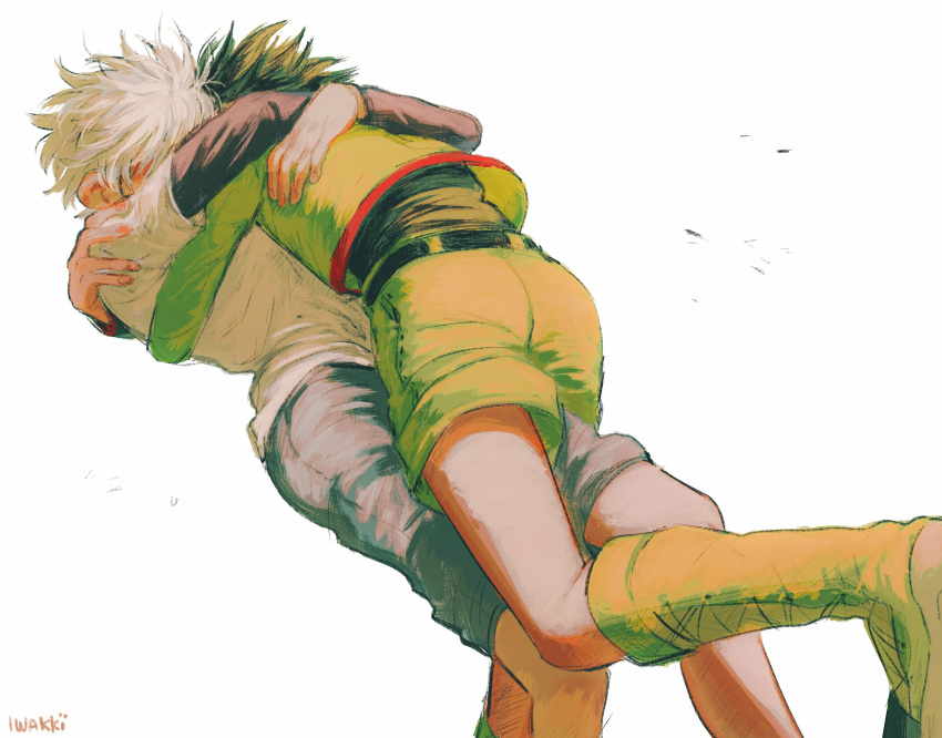 2boys absurdres black_shirt black_shorts gon_freecss green_footwear green_hair green_jacket green_shorts highres hug hunter_x_hunter iwakki jacket killua_zoldyck male_child male_focus multiple_boys shirt short_hair shorts signature simple_background spiky_hair white_background white_hair white_shirt