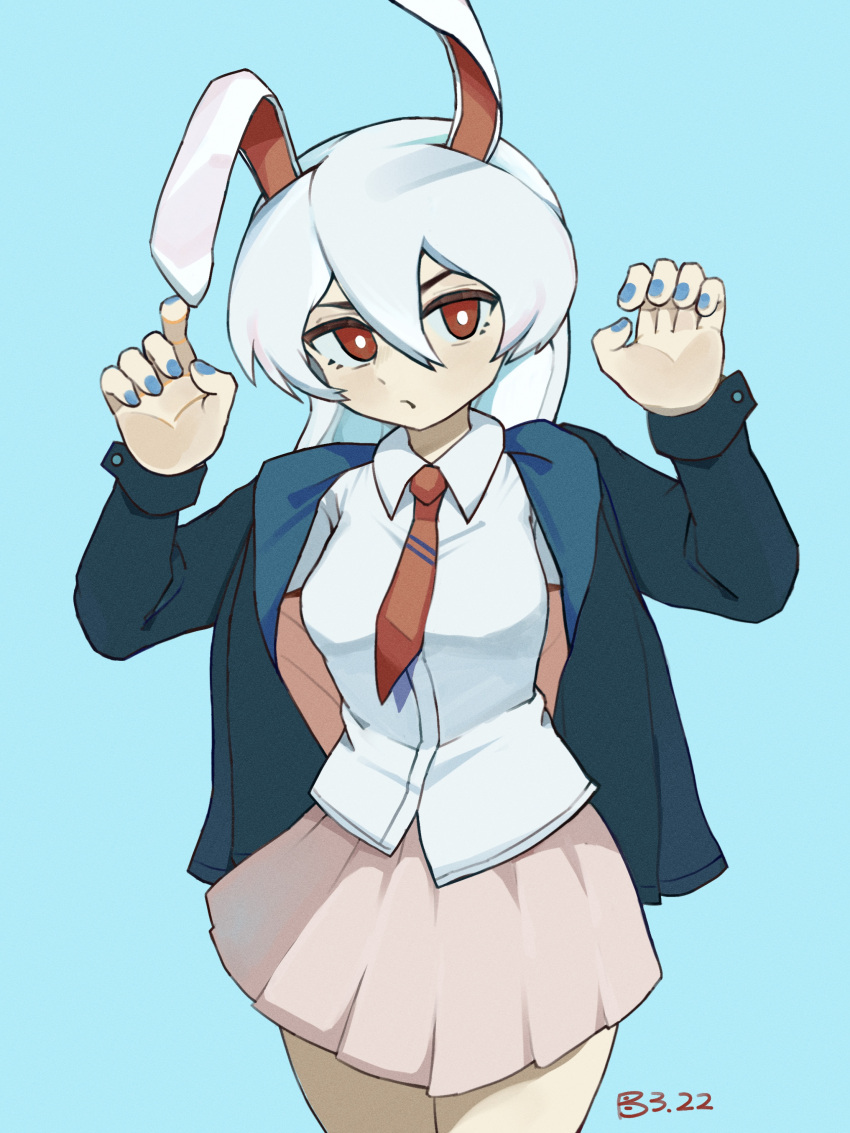 1girl absurdres animal_ears black_jacket blue_background blue_nails buzzo collared_shirt commentary_request cowboy_shot dated hands_up highres jacket long_hair long_sleeves looking_at_viewer necktie open_clothes open_jacket pink_skirt rabbit_ears rabbit_girl red_eyes red_necktie reisen_udongein_inaba shirt simple_background skirt solo touhou white_hair white_shirt