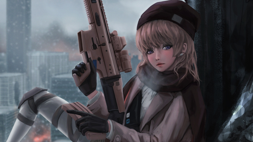 1girl acog aircraft assault_rifle beanie black_gloves black_headwear blonde_hair blue_eyes blunt_bangs building city cityscape close-up commentary cover dindsau english_commentary fire fn_scar girls_frontline gloves grey_jacket gun hat helicopter highres holding holding_gun holding_weapon holster indoors jacket knee_pads knee_up long_hair long_sleeves looking_at_viewer magazine_(weapon) optical_sight panties pantyhose parted_lips reloading rifle rooftop ruins scar-l_(girls'_frontline) scope sidelocks sitting skyscraper strap suppressor tactical_clothes thigh_holster trigger_discipline underwear war weapon white_panties