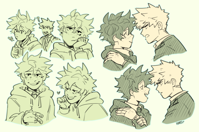 ! !! 2boys ? bakugou_katsuki boku_no_hero_academia closed_mouth commentary english_commentary eye_contact green_theme habkart hand_on_another's_shoulder head_rest heart highres holding_another's_wrist hood hood_down hoodie long_sleeves looking_at_another male_focus midoriya_izuku multiple_boys multiple_views open_mouth school_uniform short_hair simple_background sketch smile spiky_hair u.a._school_uniform upper_body v