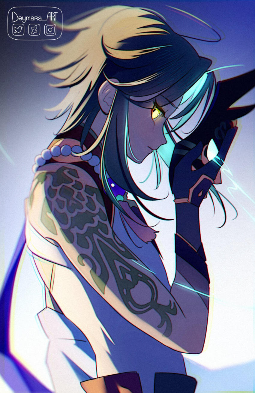 1boy arm_tattoo bead_necklace beads deymara diamond-shaped_pupils diamond_(shape) eyeshadow genshin_impact green_hair highres jewelry makeup male_focus necklace red_eyeshadow short_hair_with_long_locks symbol-shaped_pupils tassel tattoo xiao_(genshin_impact) yellow_eyes