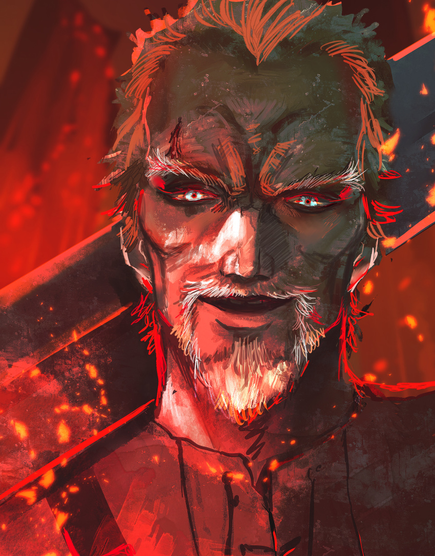 1boy absurdres askeladd beard blonde_hair blue_eyes facial_hair fire highres looking_at_viewer male_focus mature_male over_shoulder portrait red_background short_hair solo_focus sword sword_over_shoulder thick_eyebrows vinland_saga weapon weapon_over_shoulder