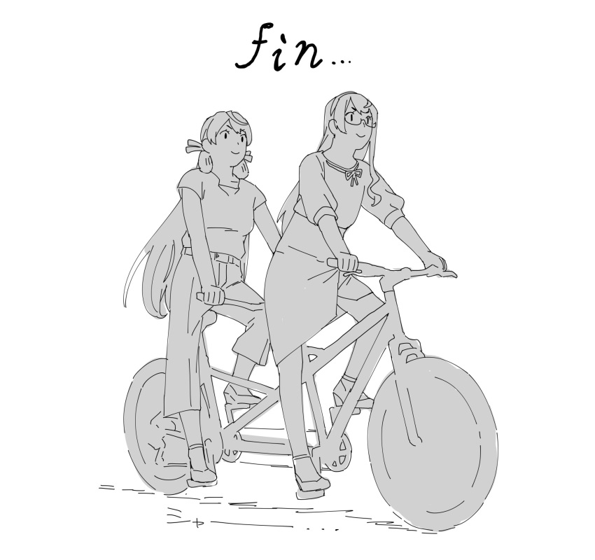 2girls akashi_(kancolle) bicycle blunt_tresses commentary_request ground_vehicle hair_ribbon hairband highres kantai_collection lineart long_hair monochrome multiple_girls official_alternate_costume ojipon ooyodo_(kancolle) pants ribbon semi-rimless_eyewear shirt skirt tandem_bicycle tress_ribbon under-rim_eyewear