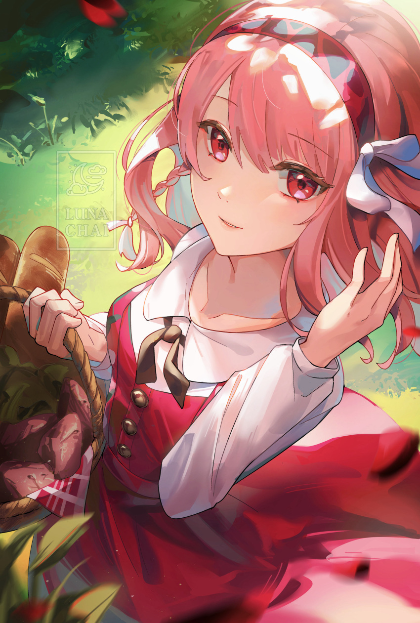 1girl absurdres baguette basket braid bread casual fire_emblem food hair_ribbon hairband highres holding holding_basket lapis_(fire_emblem) looking_at_viewer lunachaili official_alternate_costume picnic_basket pink_eyes pink_hair red_eyes red_hairband ribbon short_hair side_braid solo swept_bangs two-tone_hairband white_ribbon