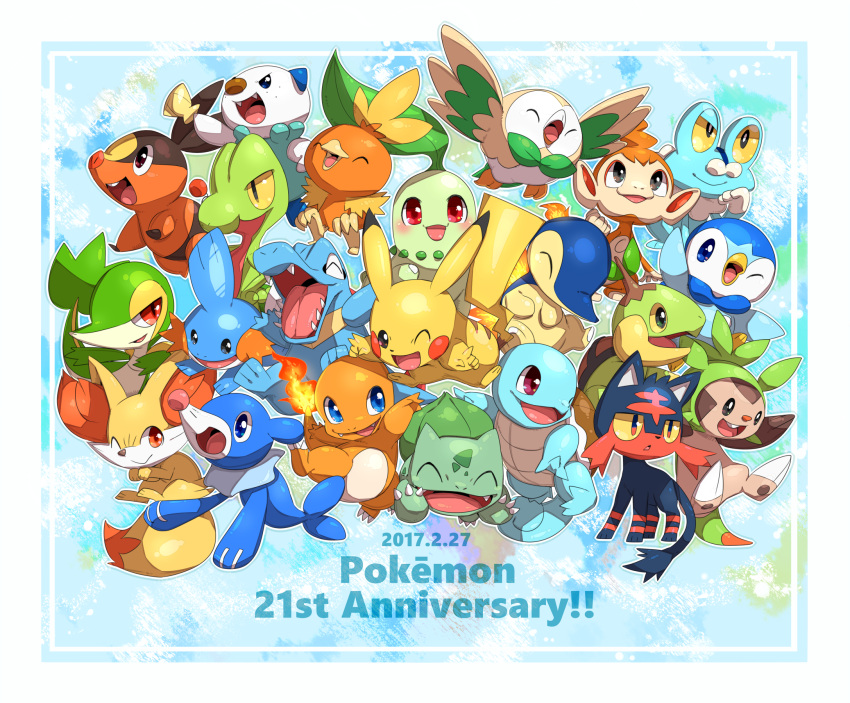 beak blue_eyes brown_eyes bulbasaur charmander chespin chestnut_mouth chikorita chimchar claws closed_eyes closed_mouth colored_sclera cyndaquil dated fangs fennekin froakie fuecoco grookey hand_up hands_up highres litten makoto_ikemu mudkip one_eye_closed open_mouth oshawott pikachu piplup pokemon pokemon_(creature) popplio quaxly red_eyes rowlet scorbunny smile snivy sobble sprigatito squirtle starter_pokemon_trio talons tepig torchic totodile treecko turtwig v-shaped_eyebrows yellow_sclera