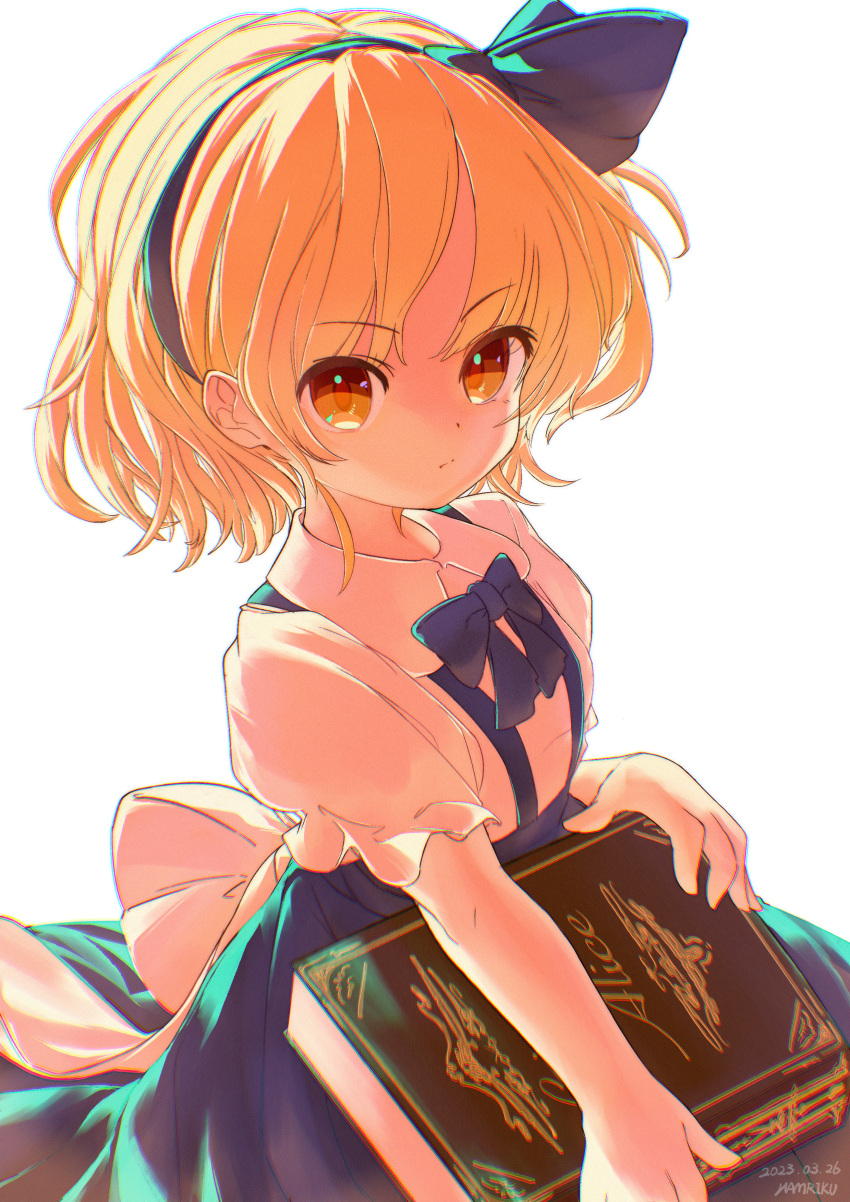 1girl absurdres alice_margatroid alice_margatroid_(pc-98) artist_name blonde_hair blue_hairband blue_skirt book closed_mouth collared_shirt dated grimoire grimoire_of_alice hairband hamriku highres looking_at_viewer shirt short_hair short_sleeves signature simple_background skirt solo touhou touhou_(pc-98) white_background white_shirt yellow_eyes