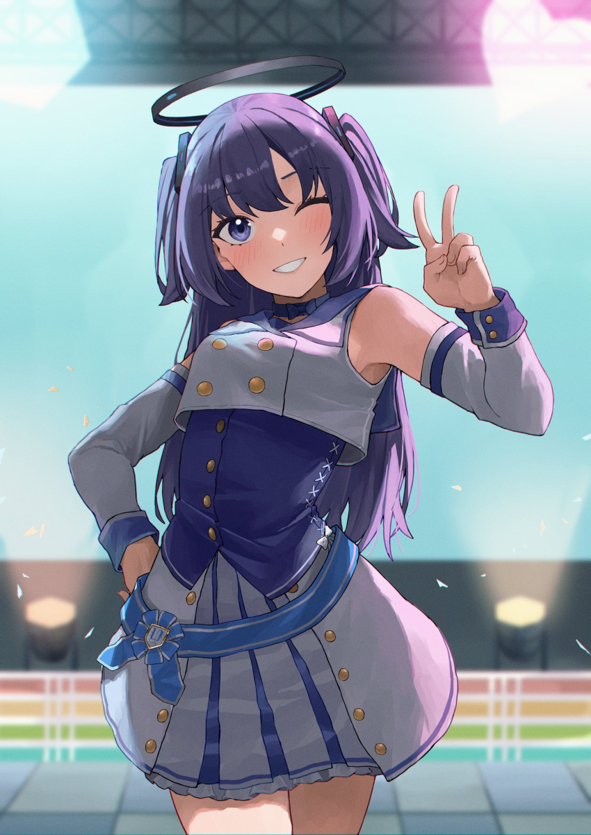 1girl ;d armpits backlighting blue_archive blurry commentary_request concert depth_of_field detached_sleeves grin hair_between_eyes hair_ornament halo highres idol long_hair long_sleeves looking_at_viewer official_alternate_costume one_eye_closed parted_bangs pleated_skirt purple_hair sidelocks skirt smile solo tai_saka two_side_up v violet_eyes yuuka_(blue_archive)