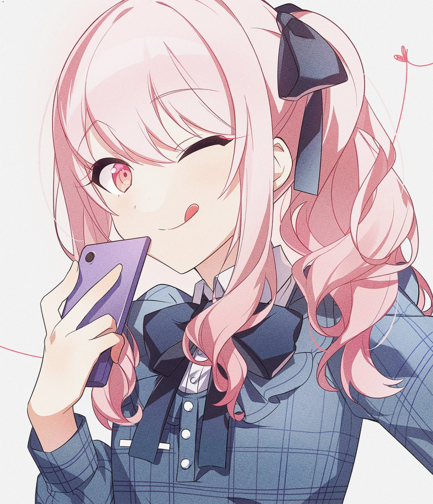 1other :p akiyama_mizuki androgynous ap_bar black_ribbon cellphone dress drill_hair grey_dress hair_ribbon highres holding holding_phone long_hair long_sleeves looking_at_viewer one_eye_closed other_focus phone pink_eyes pink_hair project_sekai ribbon side_drill smartphone tongue tongue_out