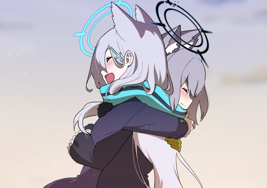 2girls animal_ear_fluff animal_ears black_dress blue_archive blush broken_halo cross_hair_ornament dark_halo dress dual_persona extra_ears gloves green_gloves grey_hair hair_ornament halo highres hug long_hair medium_hair multiple_girls scarf school_uniform shared_clothes shared_scarf shiroko_(blue_archive) shiroko_(terror)_(blue_archive) sleepywoodmac smile wolf_ears