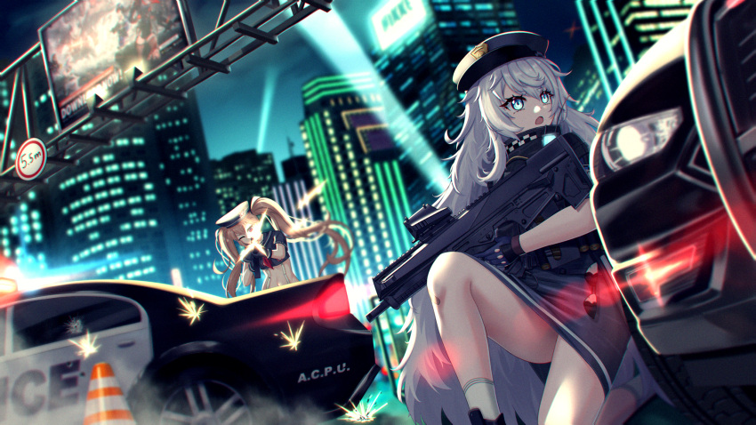 2girls ammunition_belt armband belt black_gloves black_headwear black_shirt black_skirt black_thighhighs blue_eyes blush breasts building car city clouds cloudy_sky crop_top cropped_shirt dm_(nguyen_dm95) gloves goddess_of_victory:_nikke gun hat highres holding holding_weapon light_brown_hair long_hair military military_hat military_uniform miniskirt miranda_(nikke) motor_vehicle multiple_girls navel night night_sky open_mouth outdoors parted_lips peaked_cap pencil_skirt pleated_skirt poli_(nikke) police police_car police_uniform red_eyes ribs shirt short_sleeves shotgun skirt sky stomach suspender_skirt suspenders tactical_clothes thick_eyebrows thigh-highs thighs twintails uniform utility_belt very_long_hair wavy_hair weapon white_hair