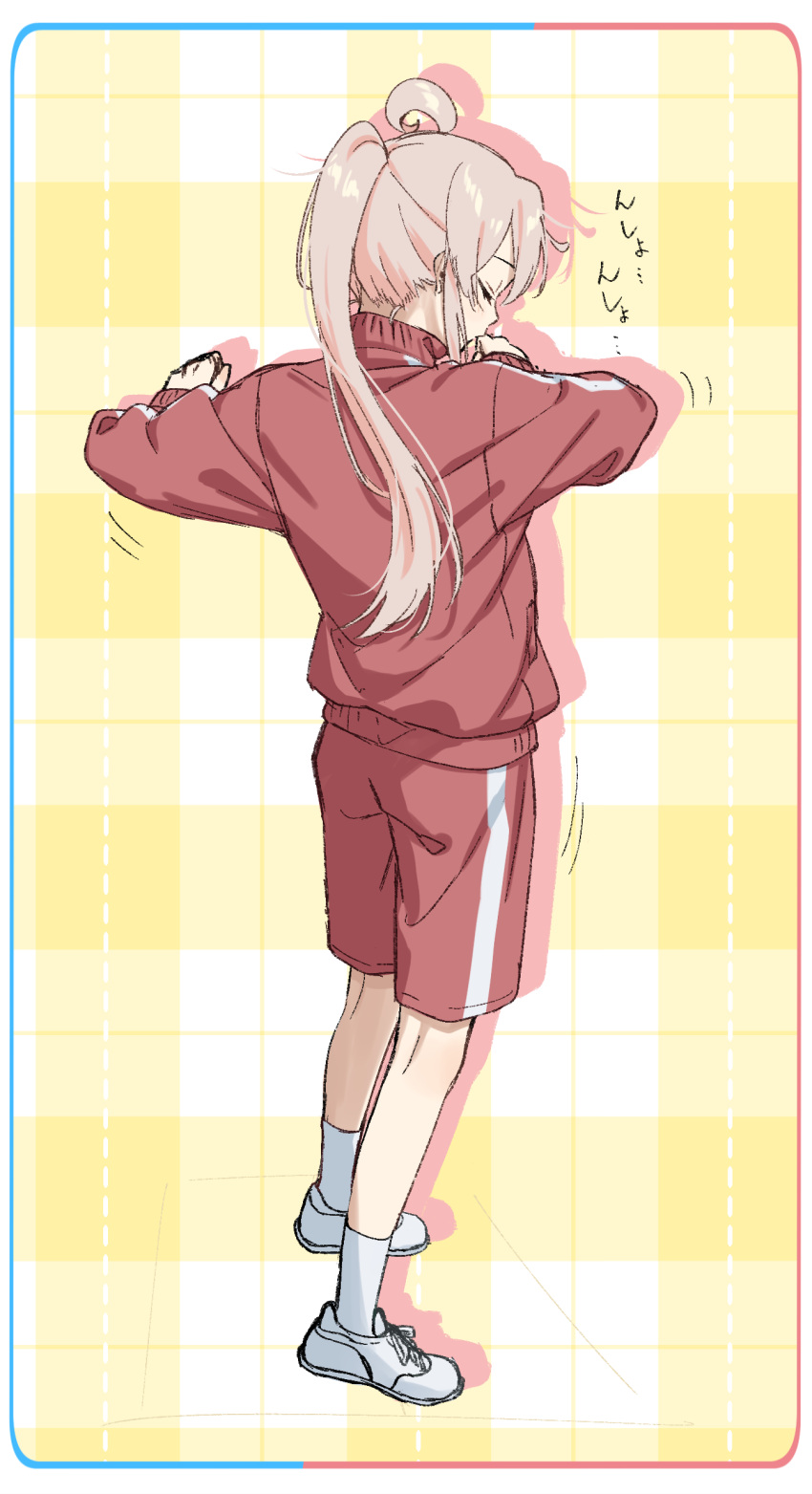 1girl absurdres ahoge commentary facing_away full_body grey_hair highres jacket long_hair long_sleeves matsuharu_(lip-mil) motion_lines onii-chan_wa_oshimai! oyama_mahiro plaid plaid_background ponytail red_shorts shoes shorts simple_background socks solo standing stretching track_jacket white_footwear white_socks yellow_background