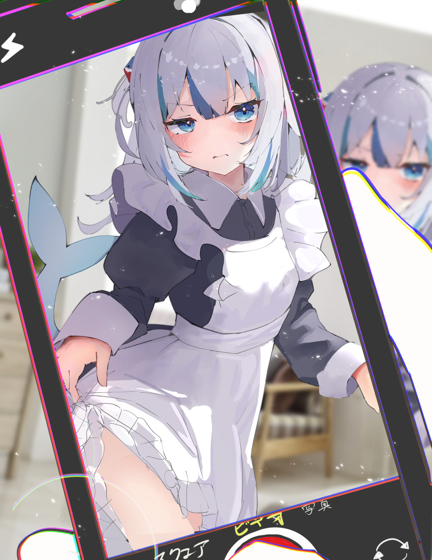 absurdres apron blue_hair blush cellphone closed_mouth fins fish_tail frown gawr_gura highres hololive hololive_english indoors long_sleeves looking_at_viewer maid maid_apron medium_hair midorikawa_(tawf5452) multicolored_hair phone shark_girl shark_tail short_twintails smartphone tail taking_picture twintails virtual_youtuber white_hair