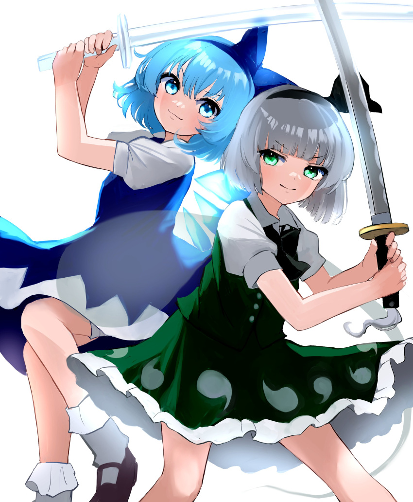 2girls absurdres black_bow black_bowtie black_footwear black_hairband blue_dress blue_hair bow bowtie cirno closed_mouth commentary crystal_sword detached_wings dress ghost ghost_print green_eyes green_skirt grey_hair hairband highres holding holding_sword holding_weapon ice ice_wings katana konpaku_youmu konpaku_youmu_(ghost) looking_at_viewer mikan_(manmarumikan) multiple_girls short_hair short_sleeves simple_background skirt skirt_set smile socks sword touhou v-shaped_eyebrows weapon white_background white_socks wings