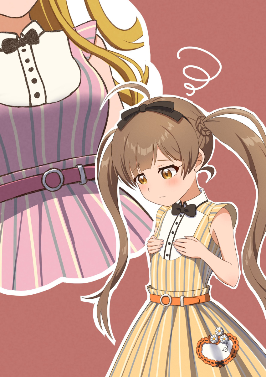 2girls absurdres ahoge belt black_ribbon blonde_hair blush bow breasts brown_eyes brown_hair bubble closed_mouth hair_ribbon hakozaki_serika hand_on_own_chest highres idolmaster idolmaster_million_live! idolmaster_million_live!_theater_days imagining jacket kasabutap large_breasts long_hair looking_down multiple_girls orange_belt pink_belt pink_jacket pink_skirt red_background ribbon shinomiya_karen shirt short_sleeves simple_background skirt small_breasts standing striped thinking thought_bubble twintails very_long_hair white_shirt wince yellow_jacket yellow_skirt