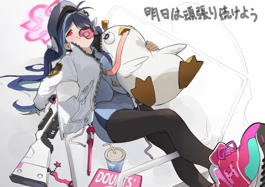 1girl antenna_hair baton_(weapon) black_pantyhose blue_archive blue_hair blue_necktie blue_vest bow buttons collared_shirt couch doughnut drink food food_in_mouth foot_up fubuki_(blue_archive) gun hair_bow hair_ornament hair_spread_out halo hat heart heart_hair_ornament highres holding holding_stuffed_toy jacket long_hair long_sleeves looking_up lying multicolored_hair multiple_hair_bows necktie on_back on_couch open_clothes open_jacket pantyhose partially_colored pastry_box peaked_cap pencil_skirt peroro_(blue_archive) police police_uniform rifle shirt shoes siguma_(13238772100) skirt sneakers solo streaked_hair stuffed_toy twintails uniform vest weapon white_bow white_jacket