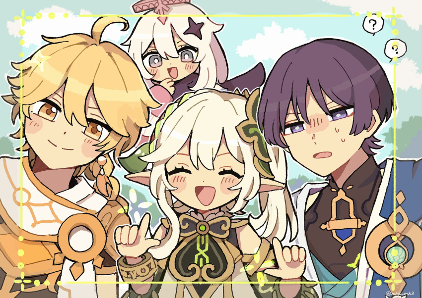 2boys 2girls ? aether_(genshin_impact) ahoge black_scarf blonde_hair blue_eyes braid closed_eyes commentary_request dress genshin_impact green_hair halo highres mkgnmk3 multiple_boys multiple_girls nahida_(genshin_impact) paimon_(genshin_impact) purple_hair scaramouche_(genshin_impact) scarf side_braid side_ponytail single_braid violet_eyes wanderer_(genshin_impact) white_dress white_hair white_scarf yellow_eyes