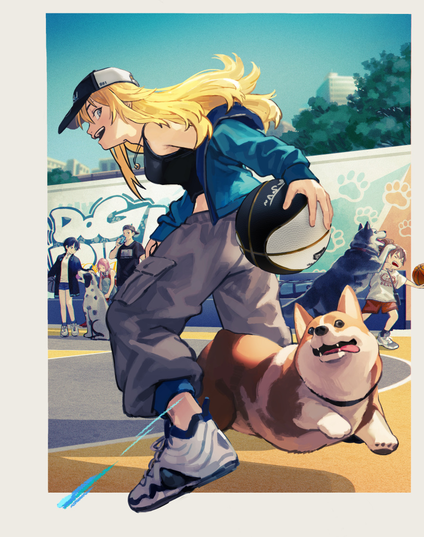 1boy 4girls absurdres baggy_pants baseball_cap basketball black_tank_top blonde_hair blue_eyes blue_jacket blue_sky burari dog graffiti hat highres jacket jewelry long_hair multiple_girls necklace off_shoulder original pants shoes sky sneakers solo_focus tank_top welsh_corgi