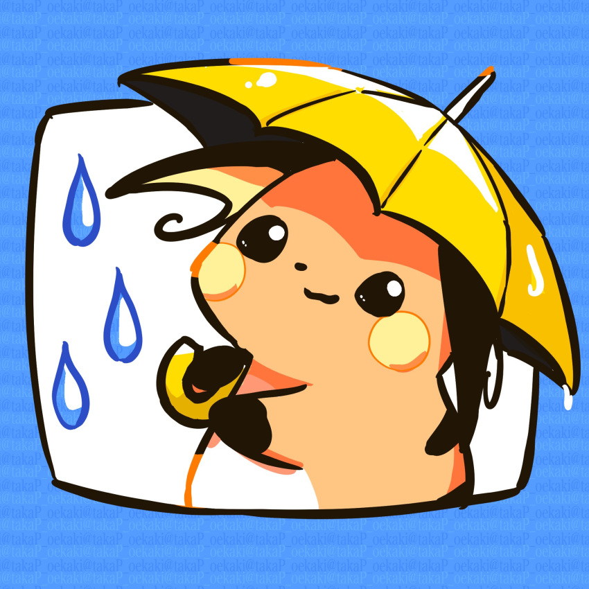 :3 animal_focus closed_mouth highres holding holding_umbrella looking_at_viewer no_humans orange_fur pokemon pokemon_(creature) pokemon_focus raichu rain smile takap_oekaki umbrella water_drop