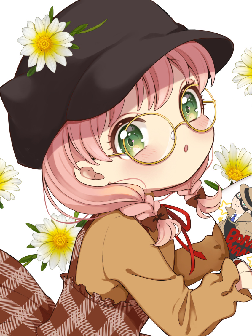 1girl absurdres anya_(spy_x_family) beret bespectacled black_headwear blush book braid checkered_clothes checkered_dress child commentary_request daisy dress female_child flower glasses green_eyes hat hat_flower highres holding holding_book long_sleeves looking_at_viewer medium_hair momo-tako orange_shirt parted_lips pink_hair round_eyewear shirt simple_background solo spy_x_family twin_braids upper_body white_background
