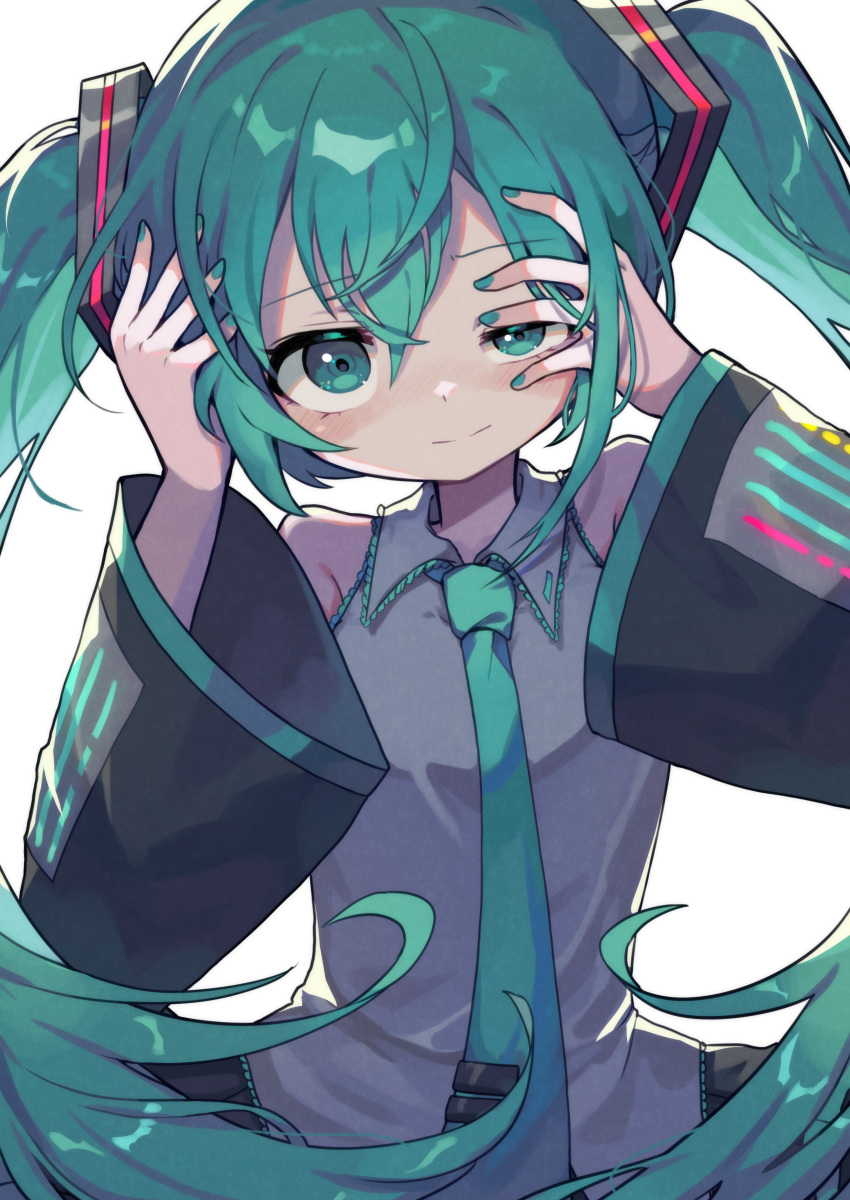 absurdres aqua_eyes aqua_hair aqua_nails aqua_necktie detached_sleeves fingernails hair_between_eyes half-closed_eye hatsune_miku highres long_hair necktie offbeat sleeveless twintails very_long_hair vocaloid wide_sleeves